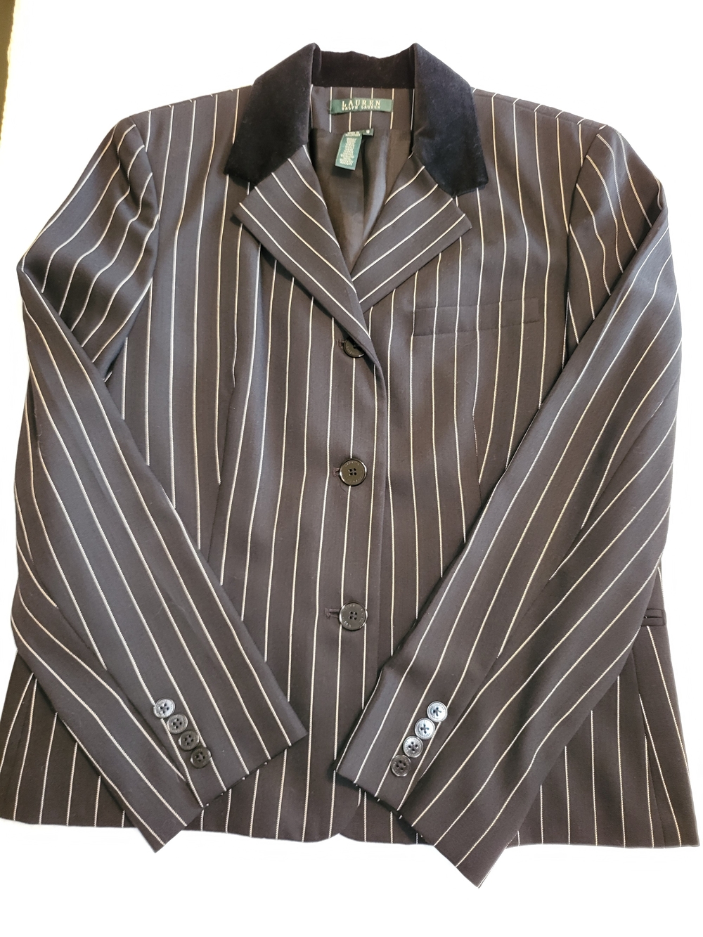 Ralph Lauren Women’s Black Pinstripe Blazer with Velvet Collar